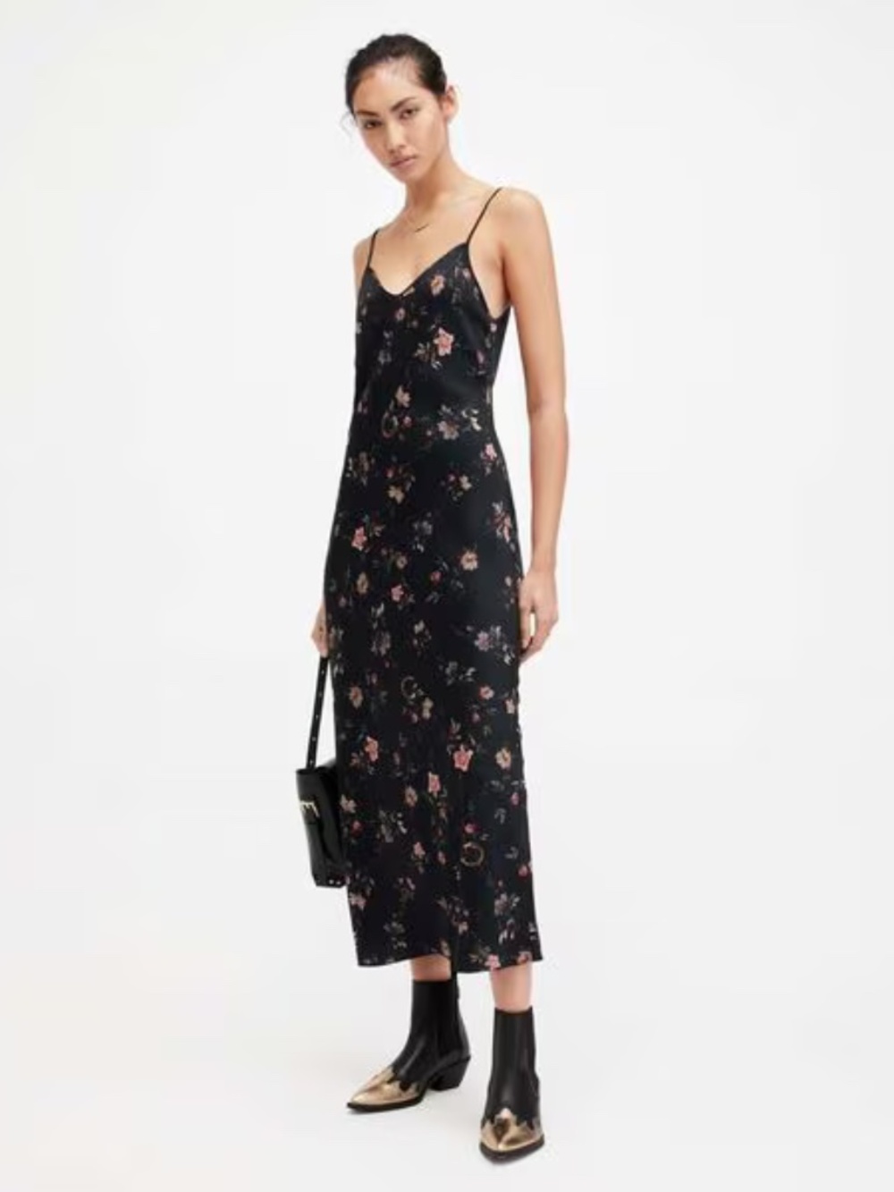 Allsaints Byrony Tanana Slim Fit Midi Slip Dress UK 12/US 8 Black Floral